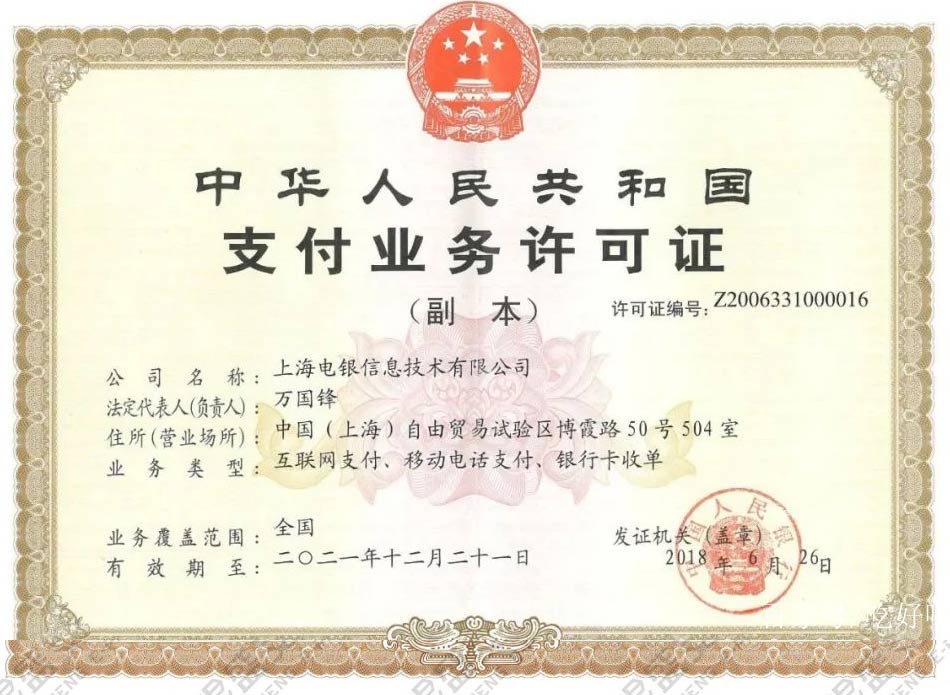 上海电银支付牌照（电银POS支付业务许可证）